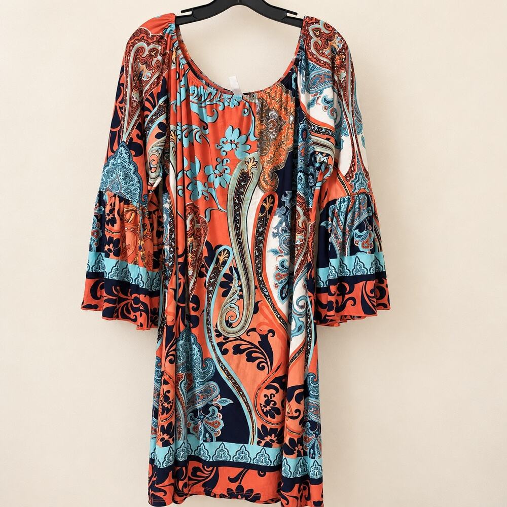 Paisley Grace Dress XXL Coral Turquoise Paisley Bell Sleeve Boho Made in USA